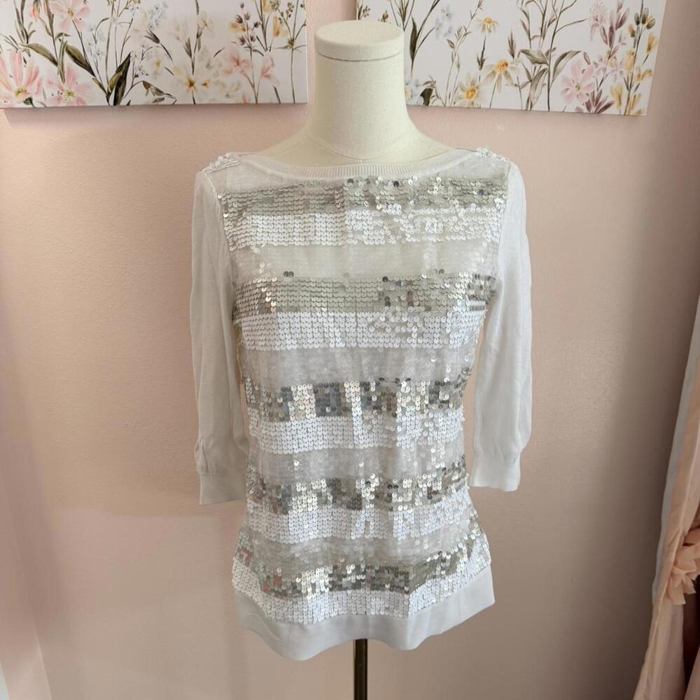 White House Black Market Sequin Top | White Sheer Sparkle Blouse | Size Small